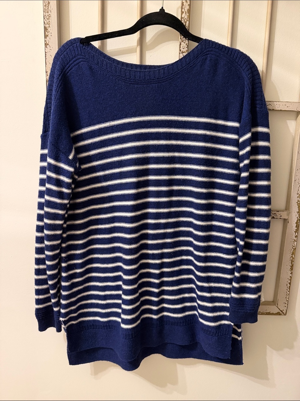 Old Navy Navy and White Striped Off-the-Shoulder Sweater